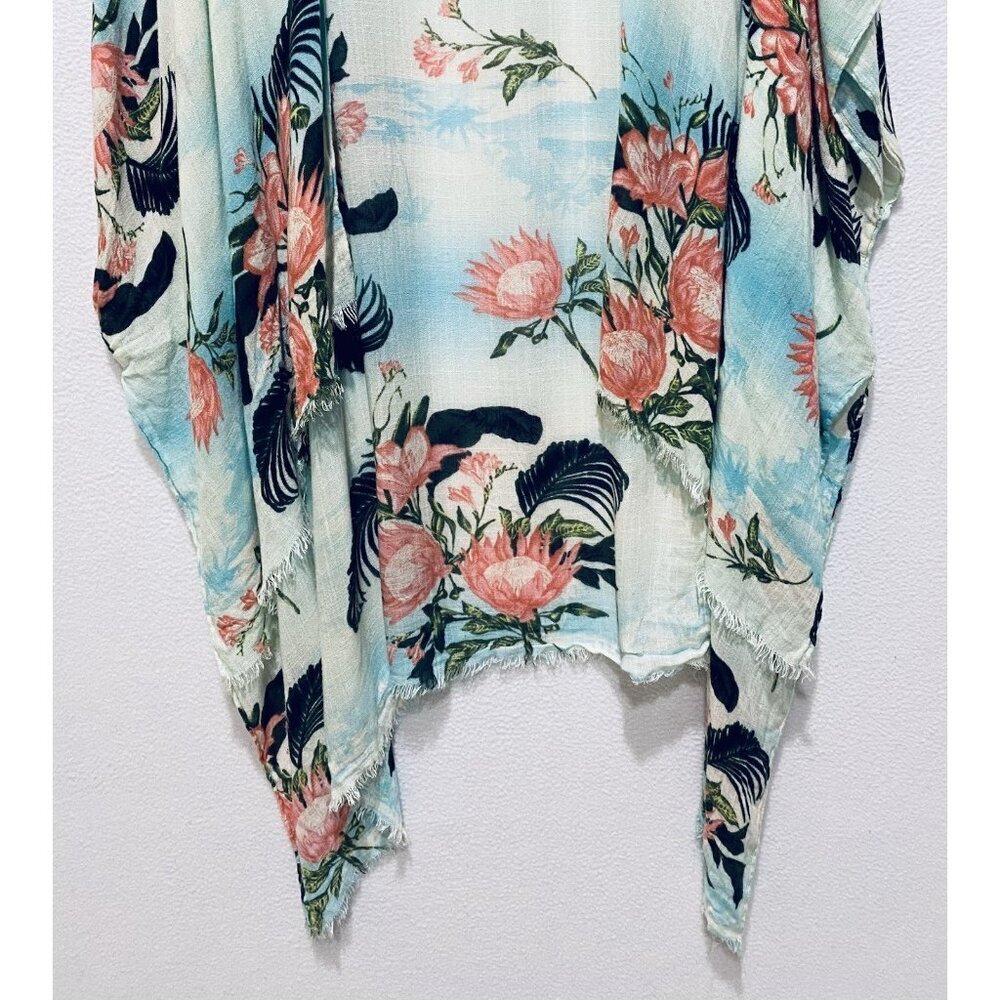 American Eagle Top Womens One Size Boho Floral Kimono Fringe Hem Beachy Hawaiian - Picture 4 of 9
